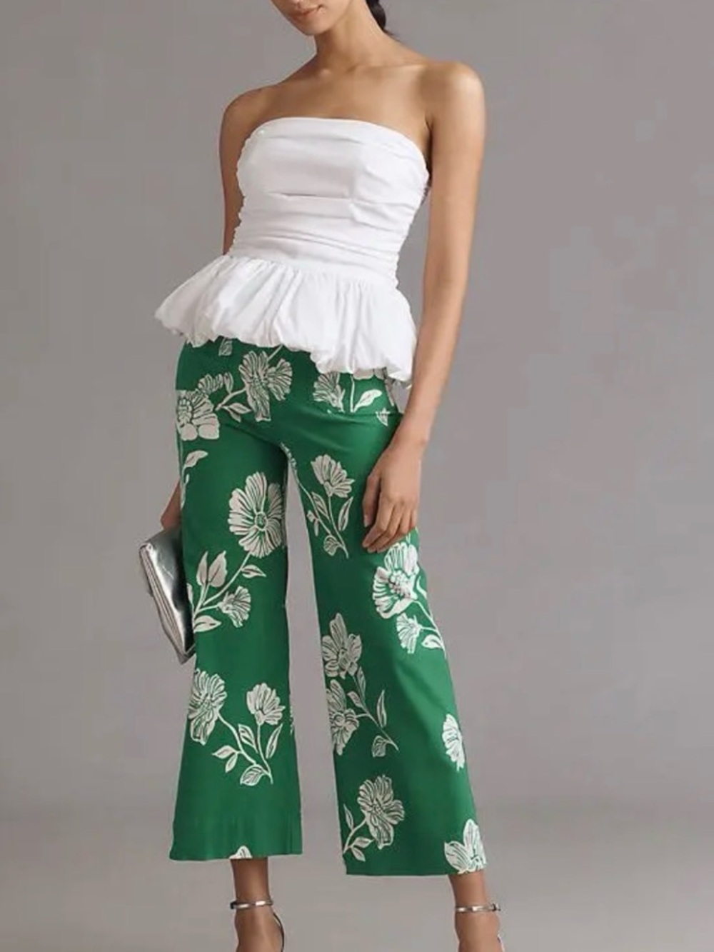 Maeve Emerald Green Floral Wide-Leg Pants with White Print